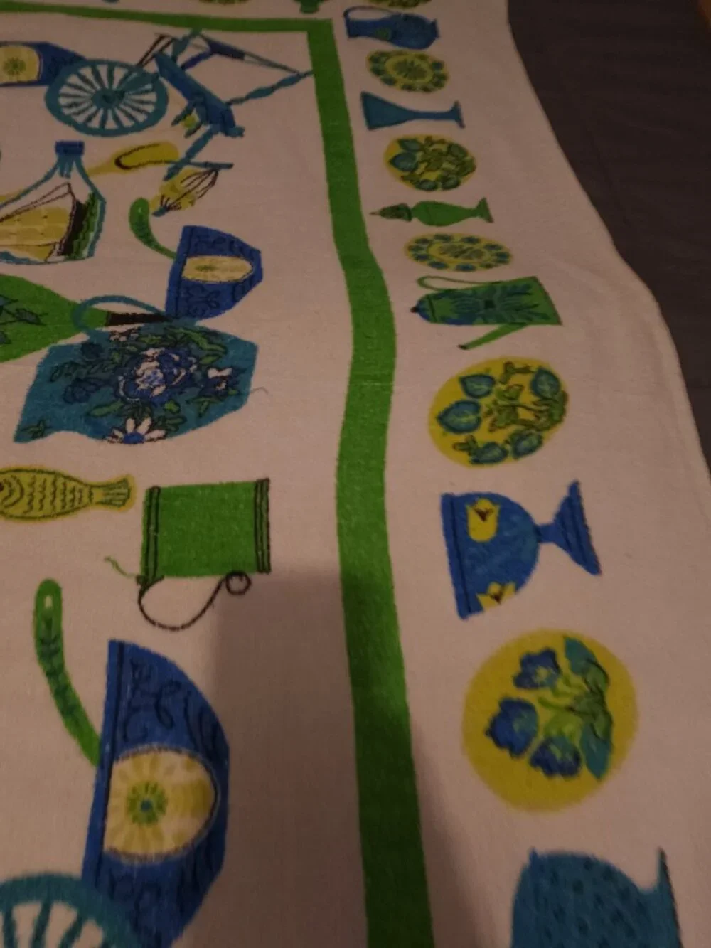 Vintage MCM Kitschy Kitchen Fabric Spice Vegetables Blue Green Brown Table Cloth